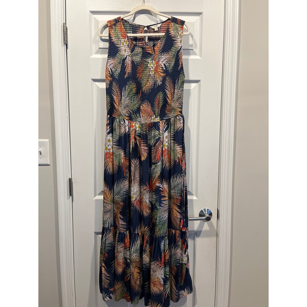 Terra & Sky Navy Tropical Palm Print Smocked Tiered Maxi Dress Sleeveless Womens